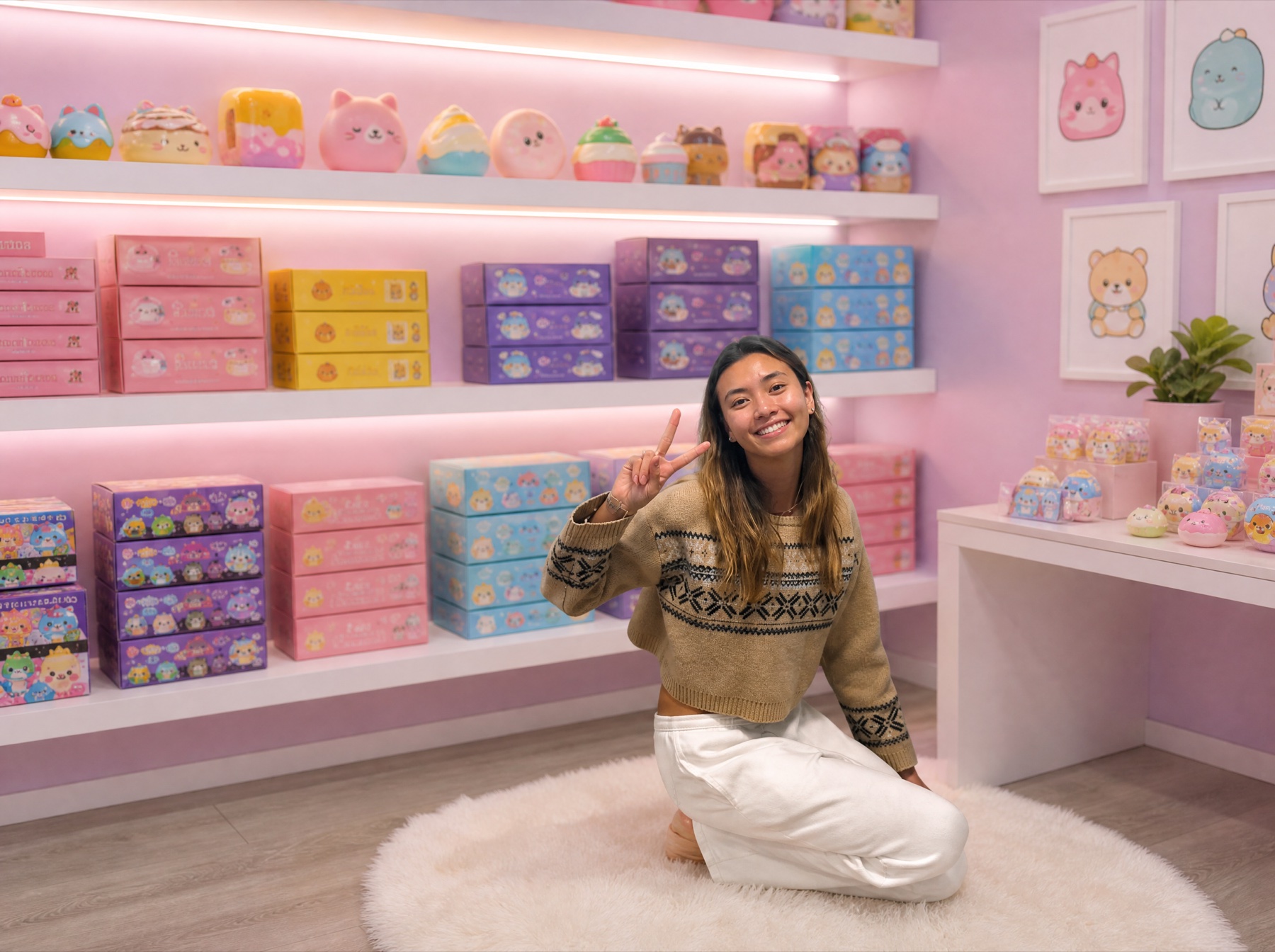 Cheyenne of Squishyaholic in the Squishyaholic shop with shelves of squishies